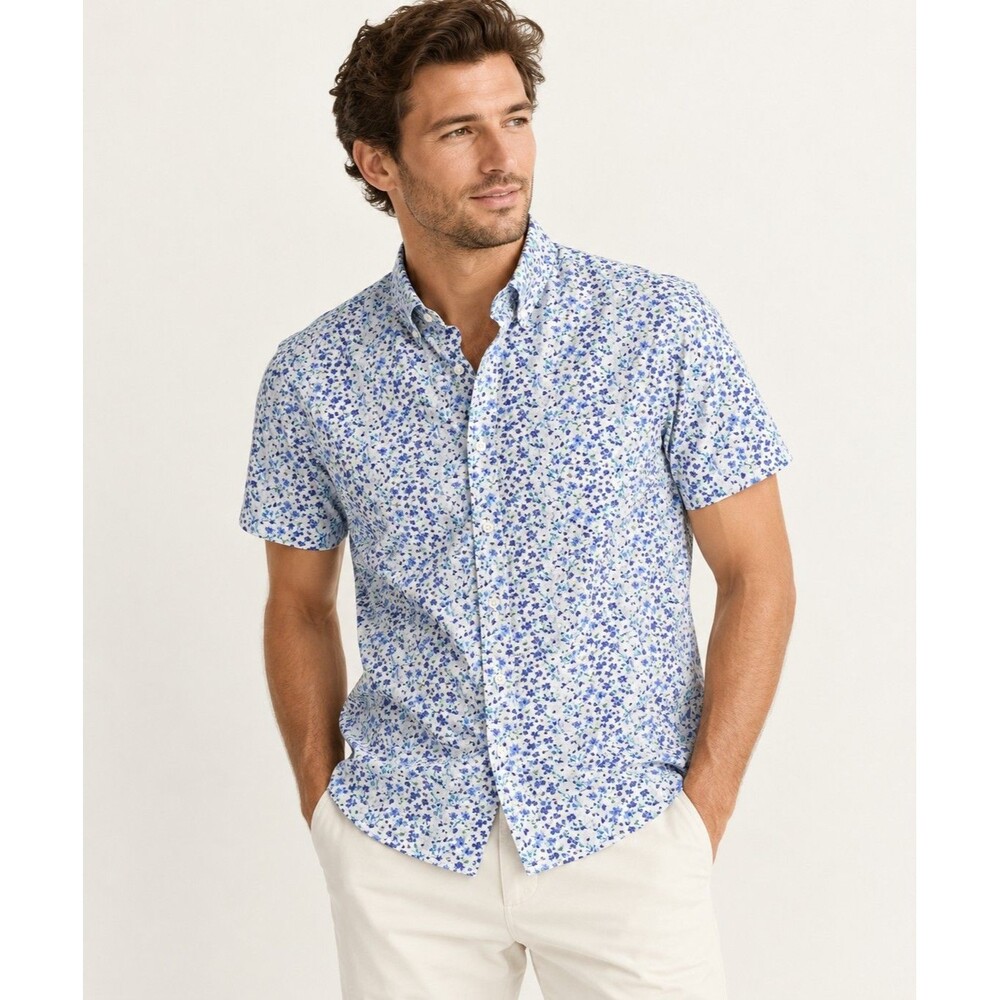 NWT J.Crew Men’s Printed Short Sleeve Slim Flex Shirt Blue Floral Cotton Size M